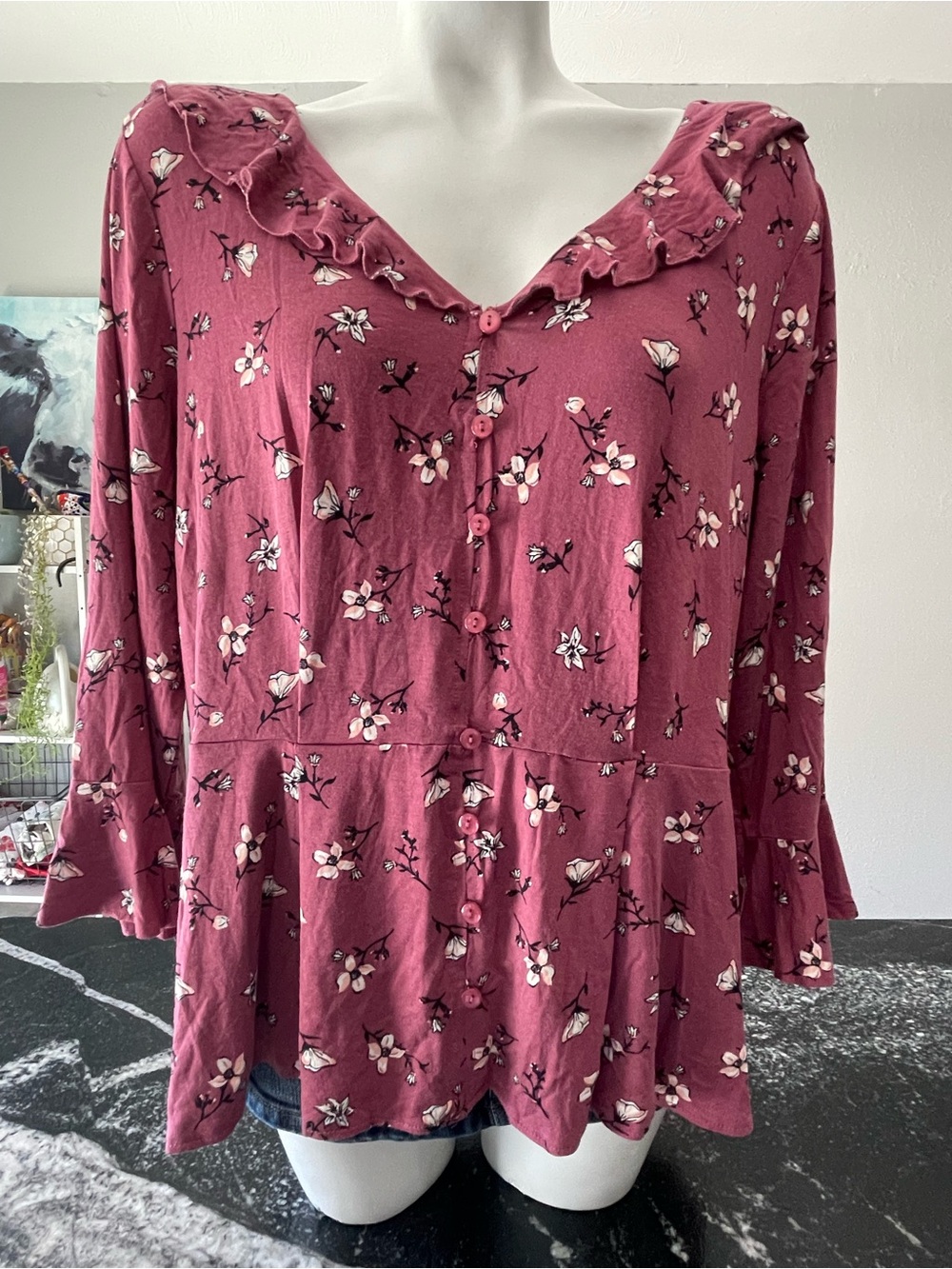 American Rag Raspberry Floral Button-Front Ruffle Peplum Tunic